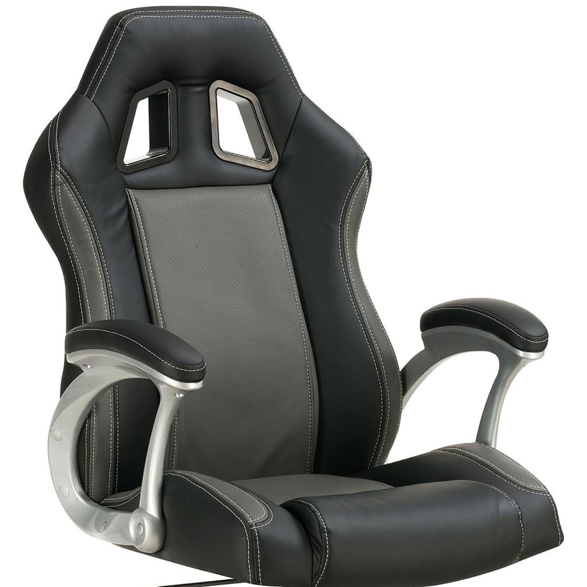 Black and grey racing gaming chair with silver armrests and white stitching