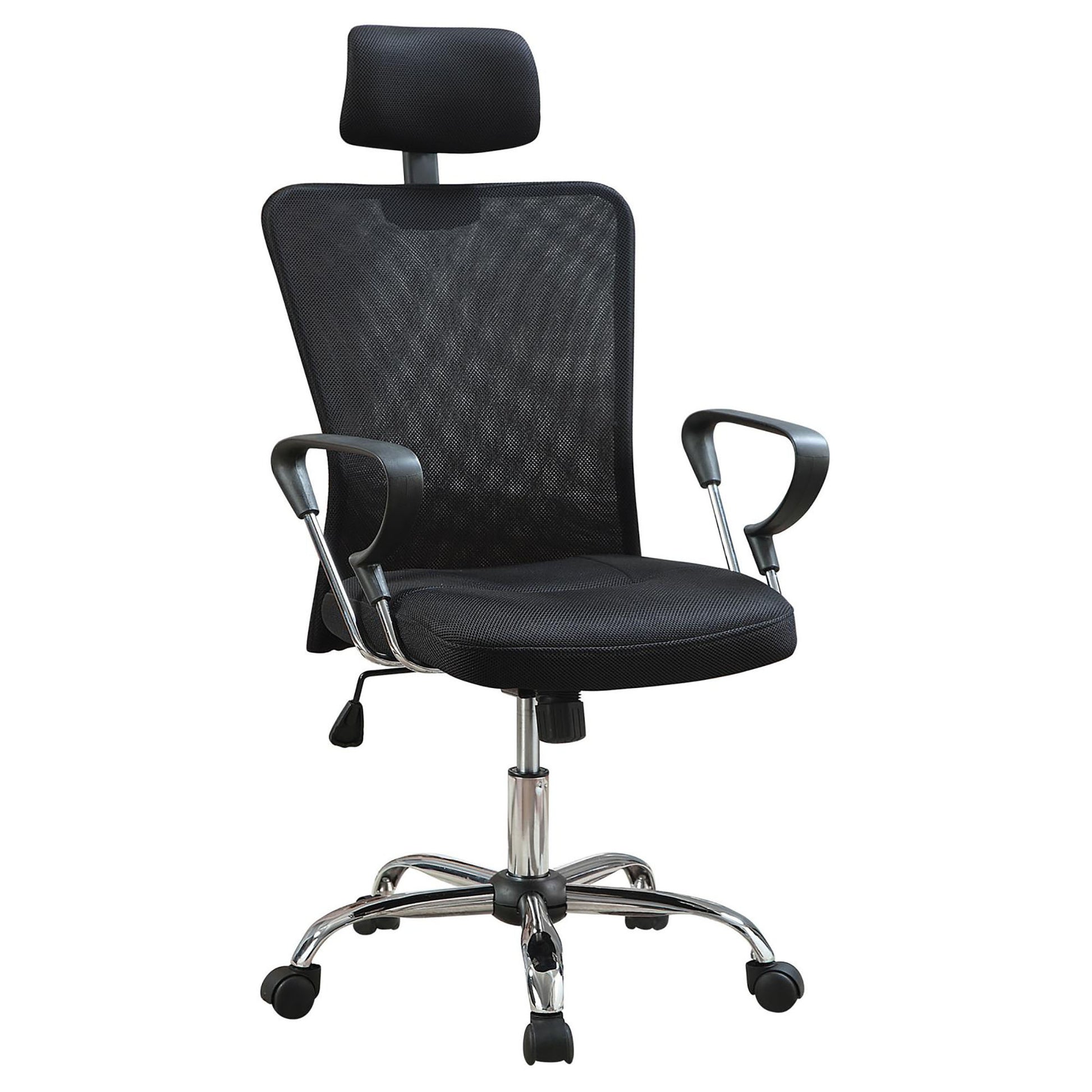 Black mesh office chair with adjustable headrest and chrome base