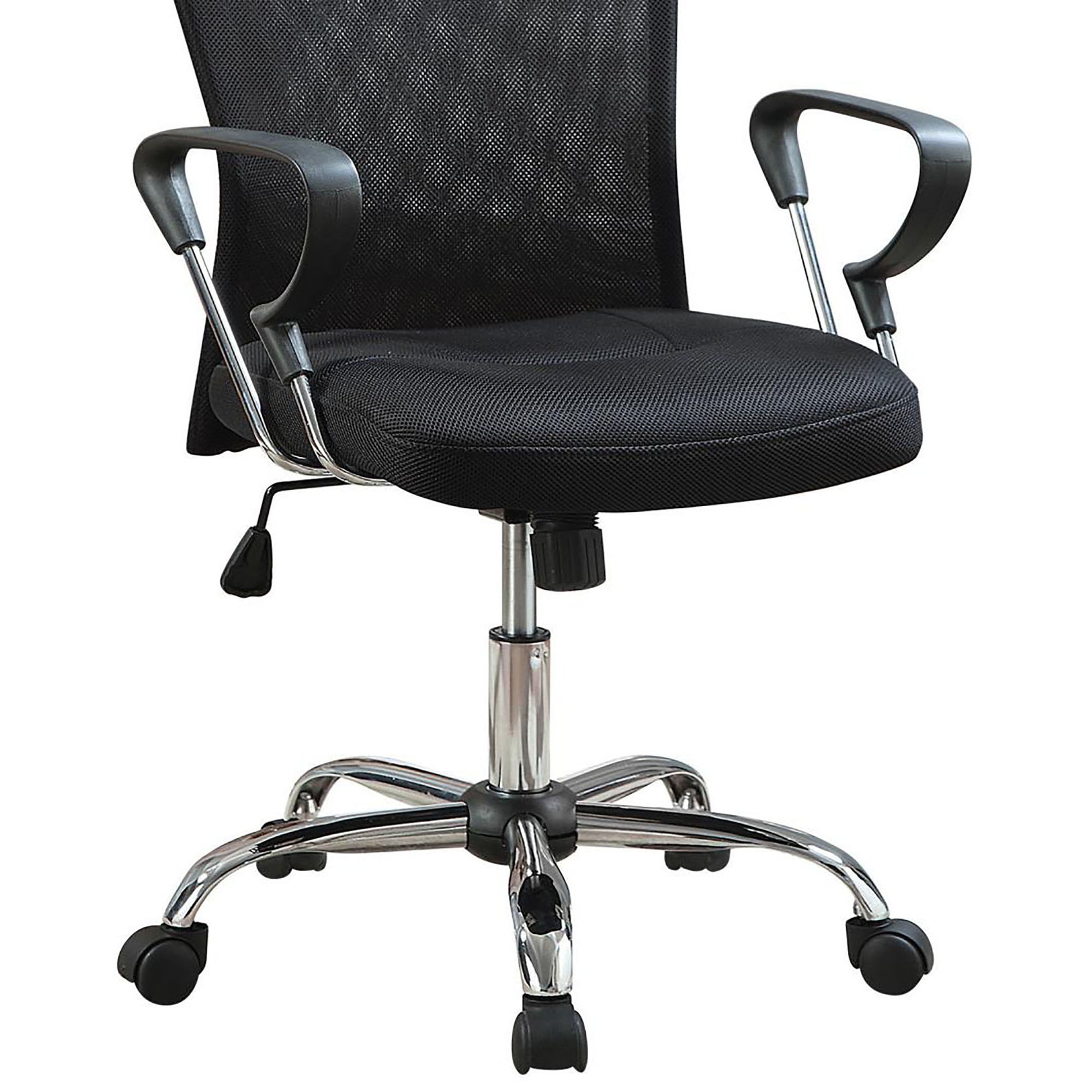 Black mesh back ergonomic office chair with padded seat and chrome base
