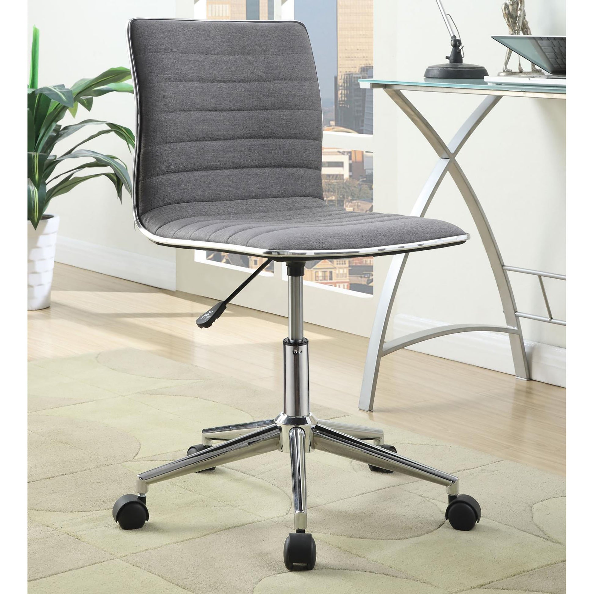 Modern gray fabric office chair with chrome accents and wheels