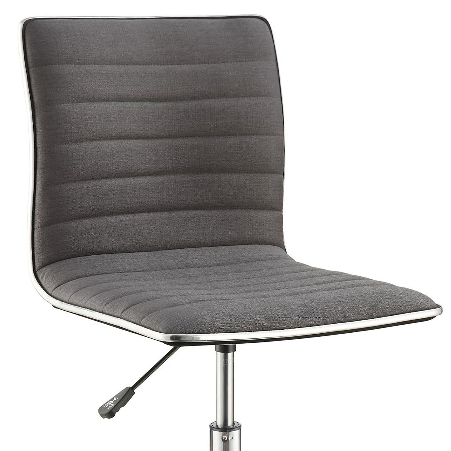 Modern grey fabric office chair with horizontal stitching and chrome trim
