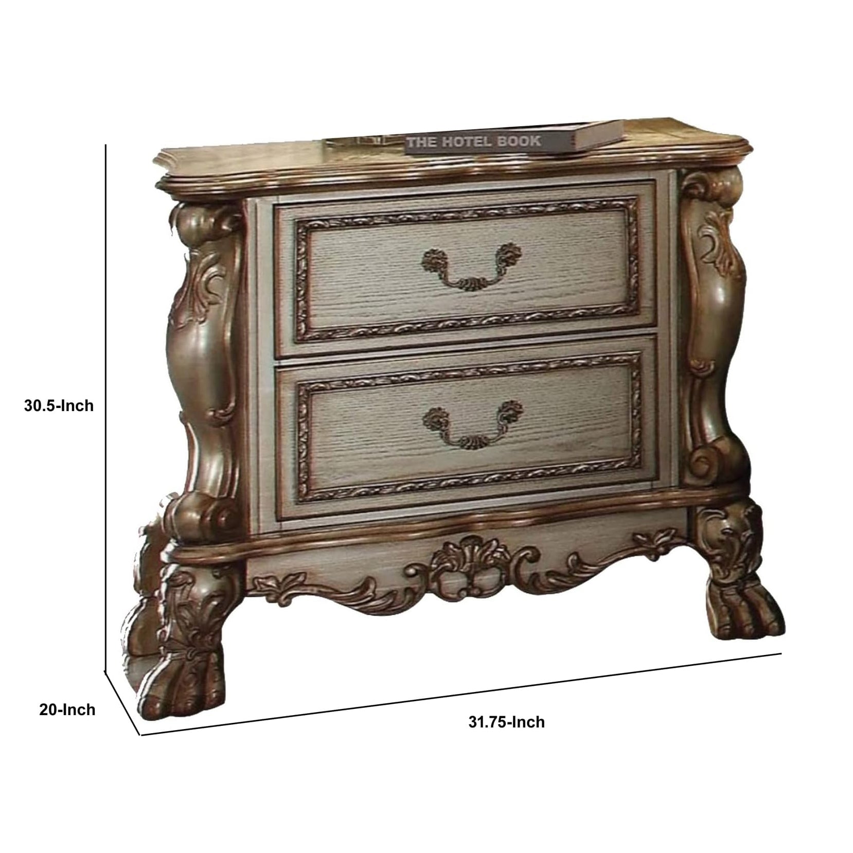 Antiquestyle bedroom nightstand with two ornate drawers wood finish and carved details