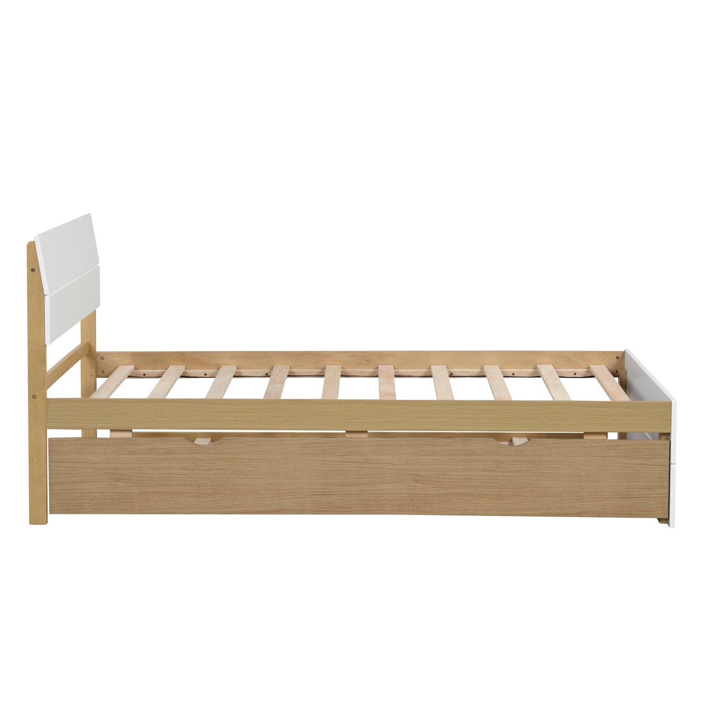 White and natural wood toddler bed frame with storage drawer