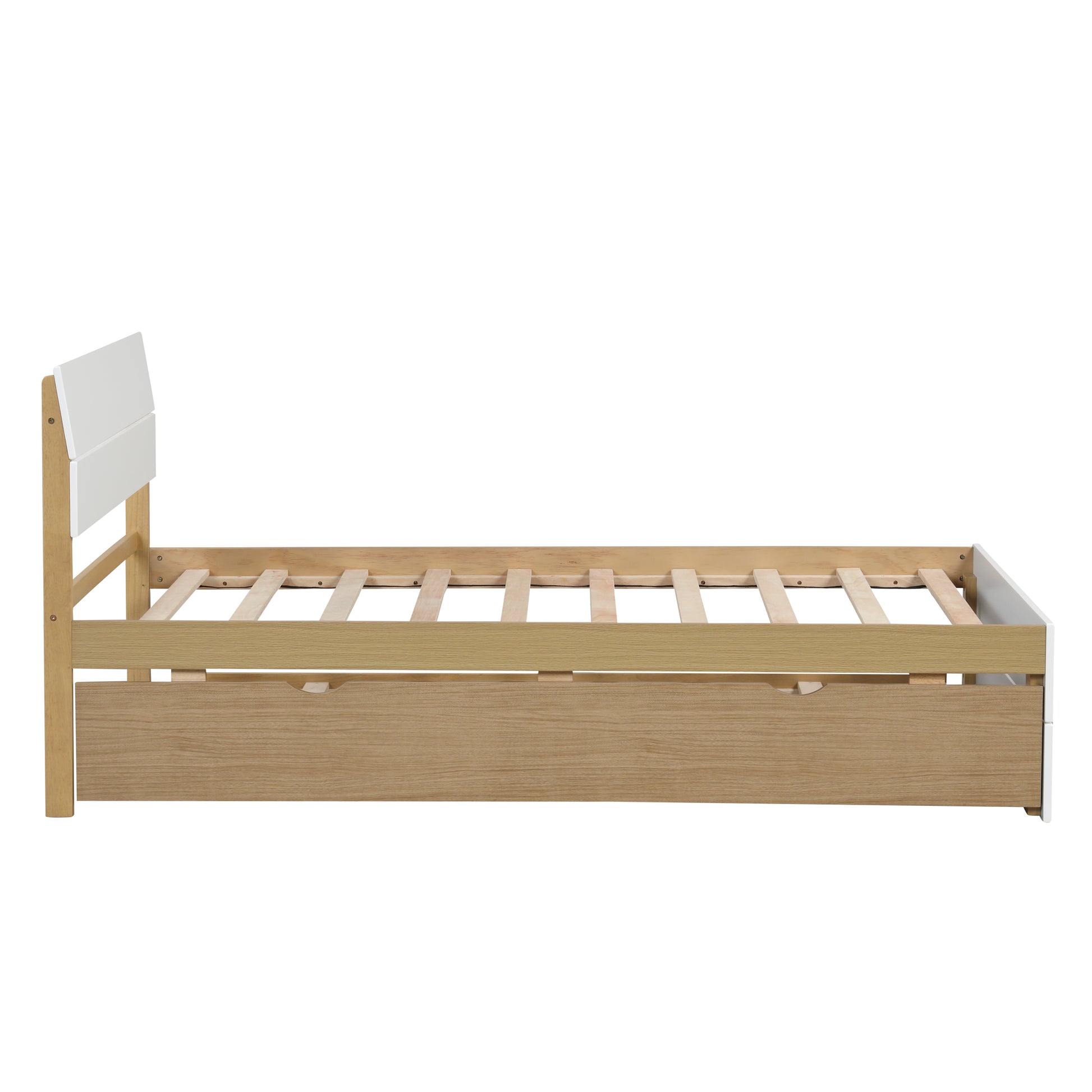 White and natural wood toddler bed frame with storage drawer
