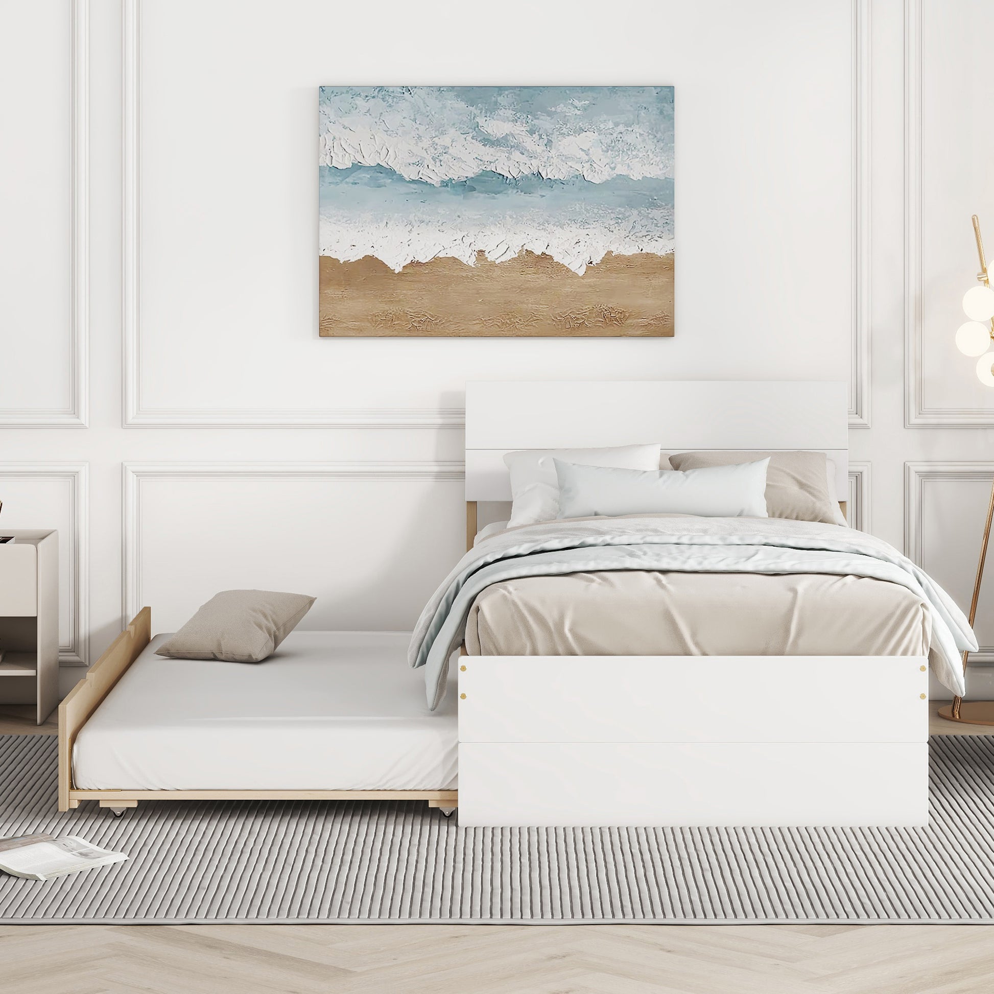 White contemporary platform bed with integrated pullout trundle for compact living