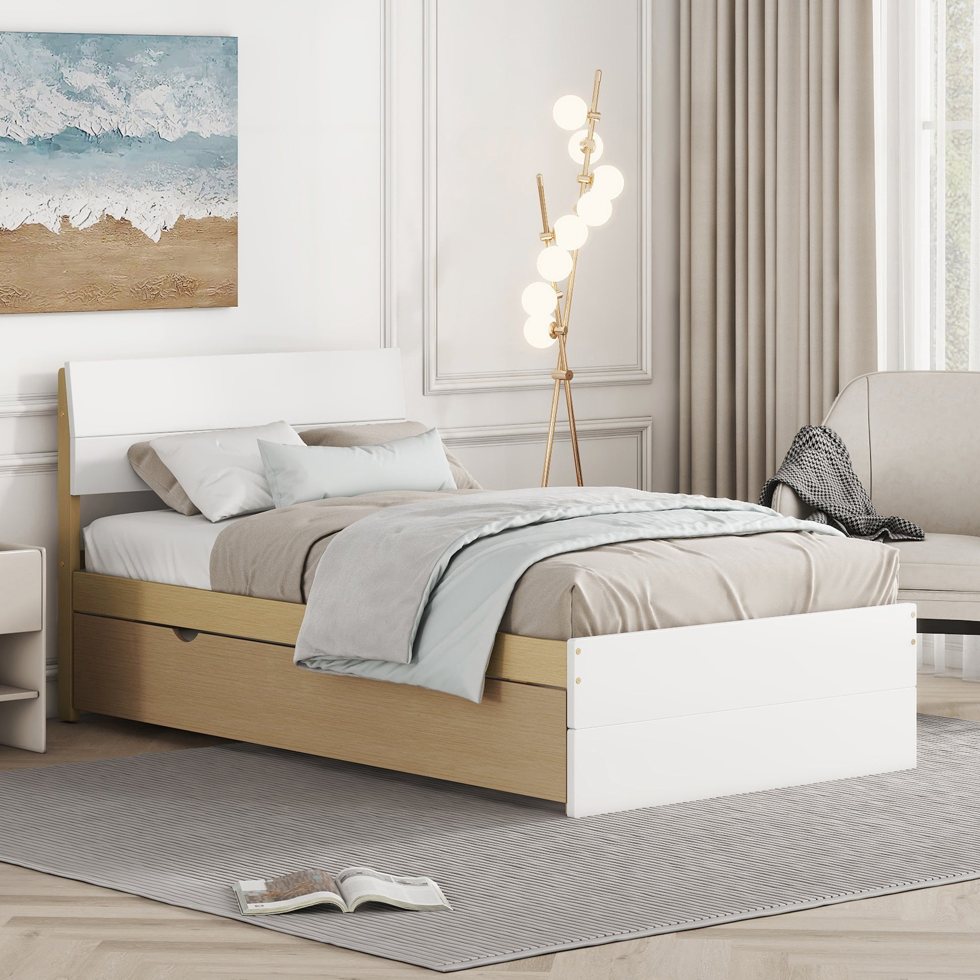 White and wood twin bed frame with storage drawers