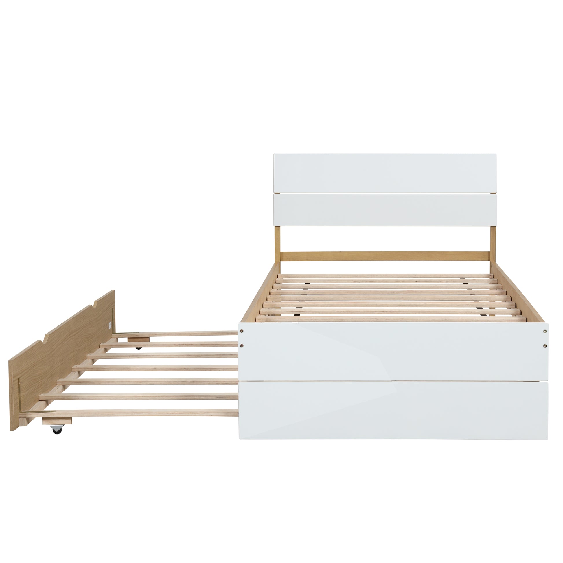 White and oak pullout bed frame with slatted support