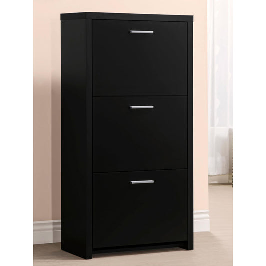 Sleek black threedrawer shoe cabinet with silver handles for entryway organization
