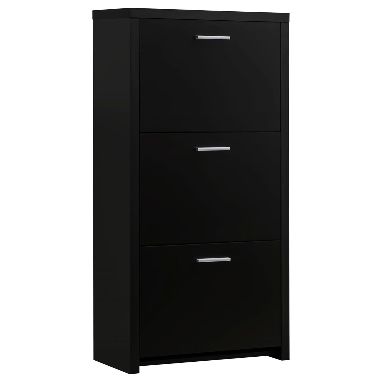 Sleek black shoe cabinet with three flipdown drawers perfect for entryway storage