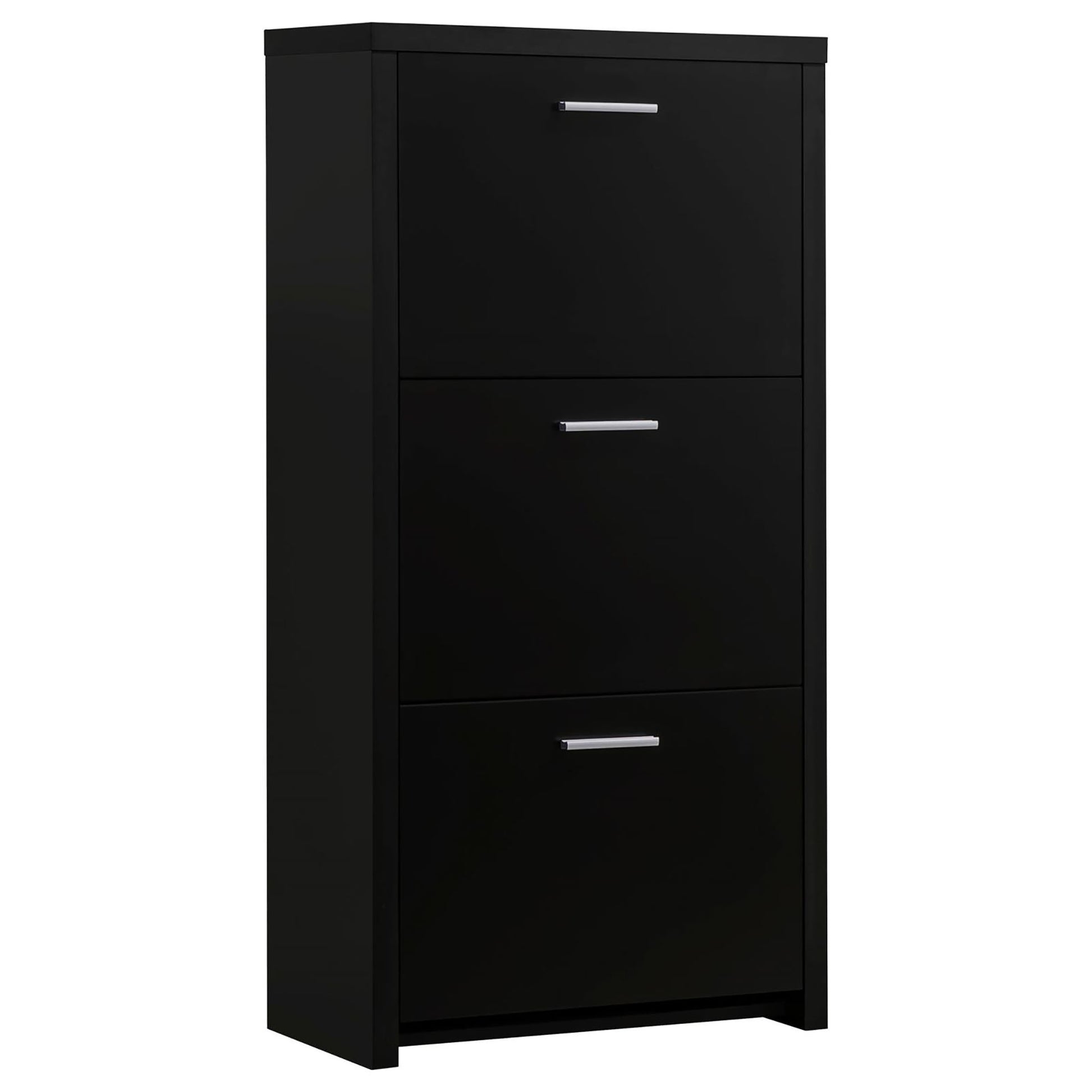 Sleek black shoe cabinet with three flipdown drawers perfect for entryway storage