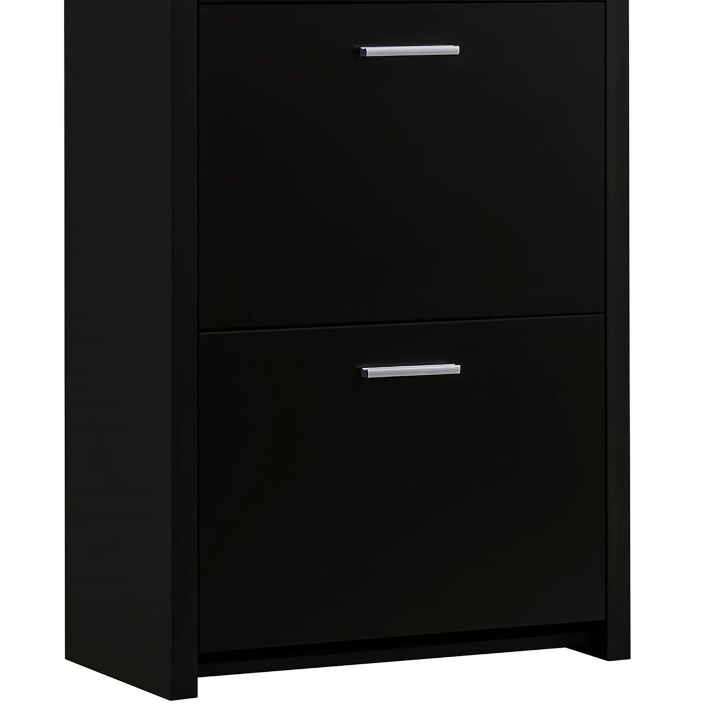 Sleek black shoe cabinet with two flipdown doors and modern silver handles