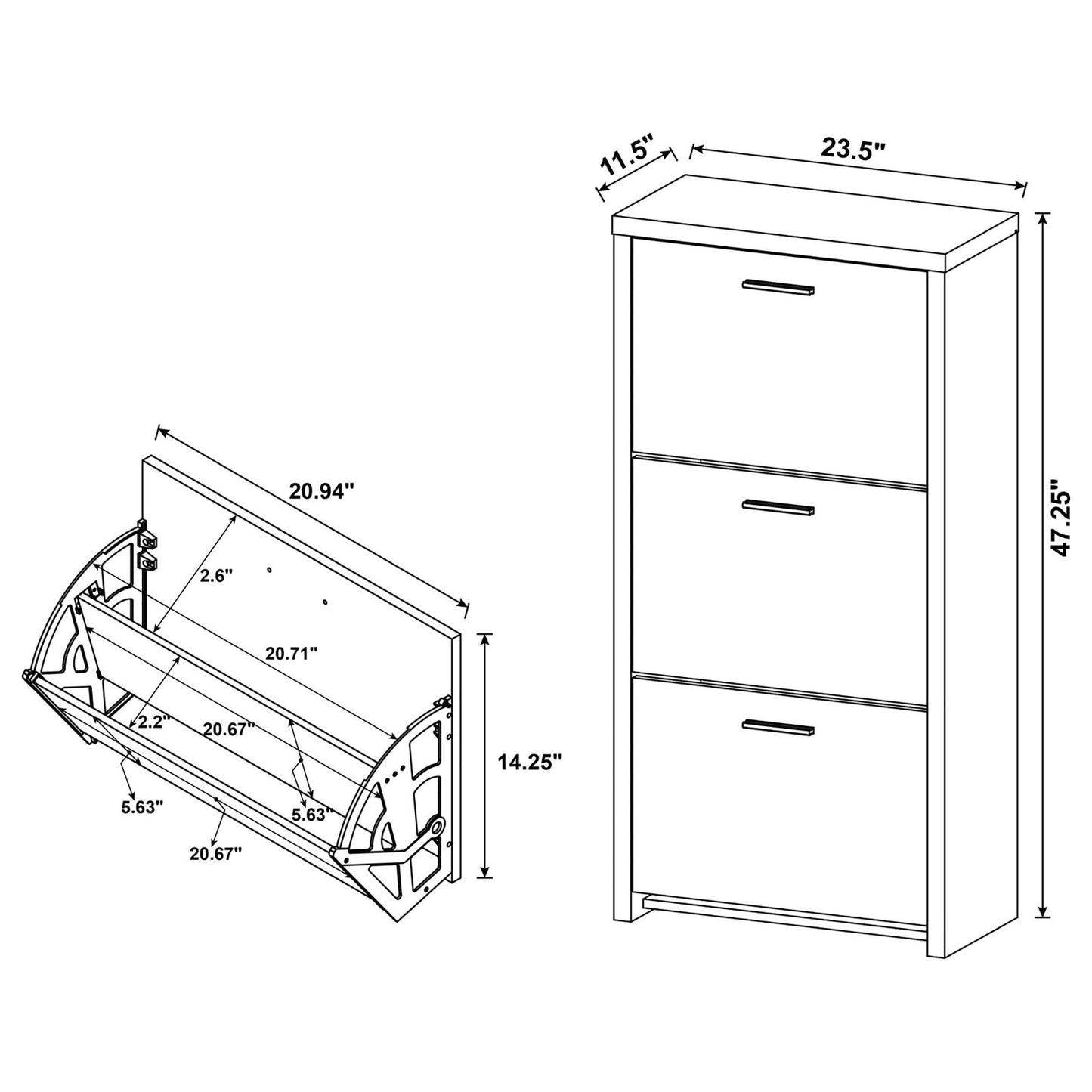 White modern shoe cabinet with three tiltout drawers and measuring dimensions