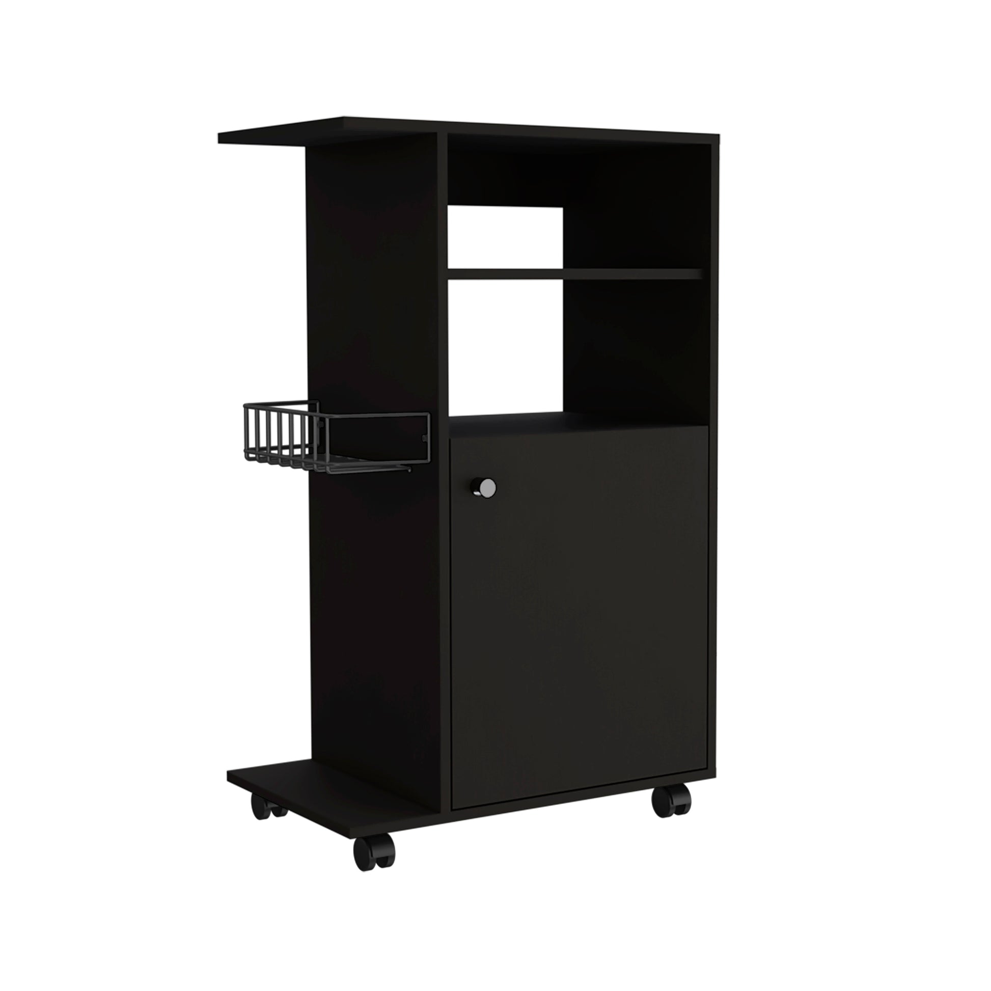 Modern black rolling cart with metal basket and cabinet door