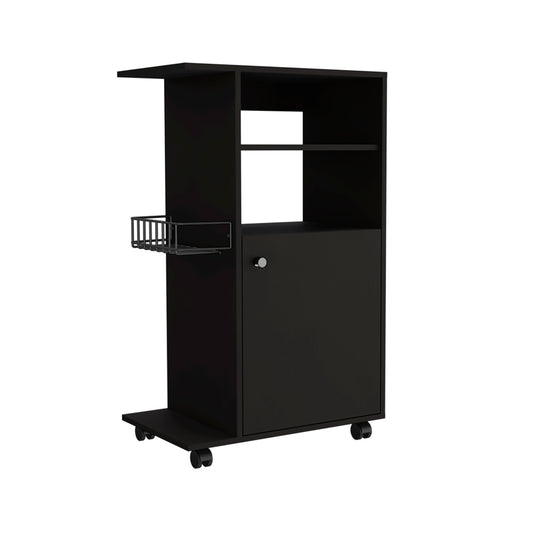 Modern black rolling cart with metal basket and cabinet door