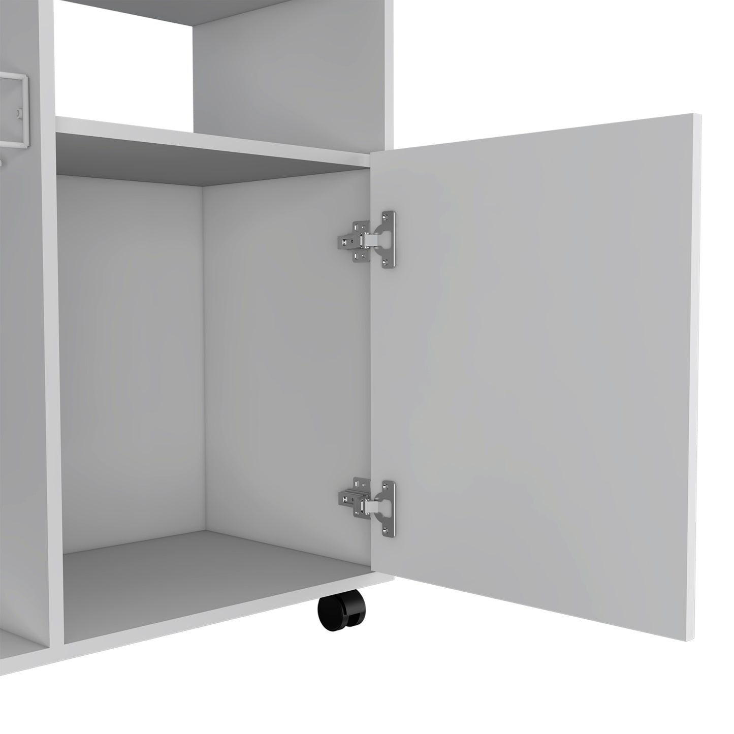 White mobile storage cabinet with open doors and visible casters