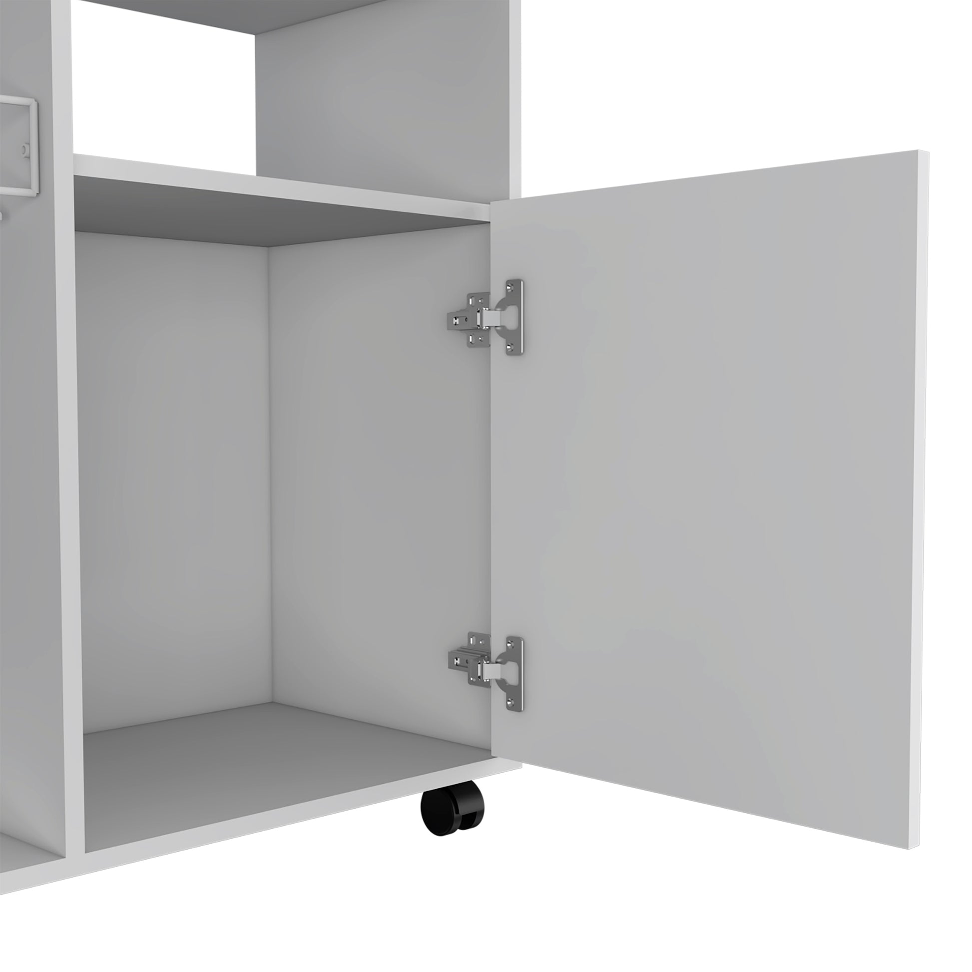 White mobile storage cabinet with open doors and visible casters