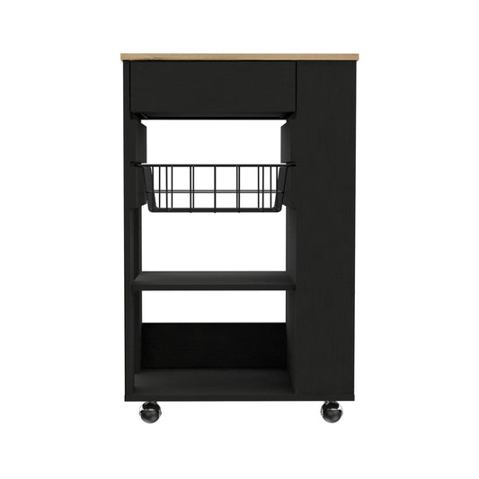 Black kitchen trolley with wood top and wire basket