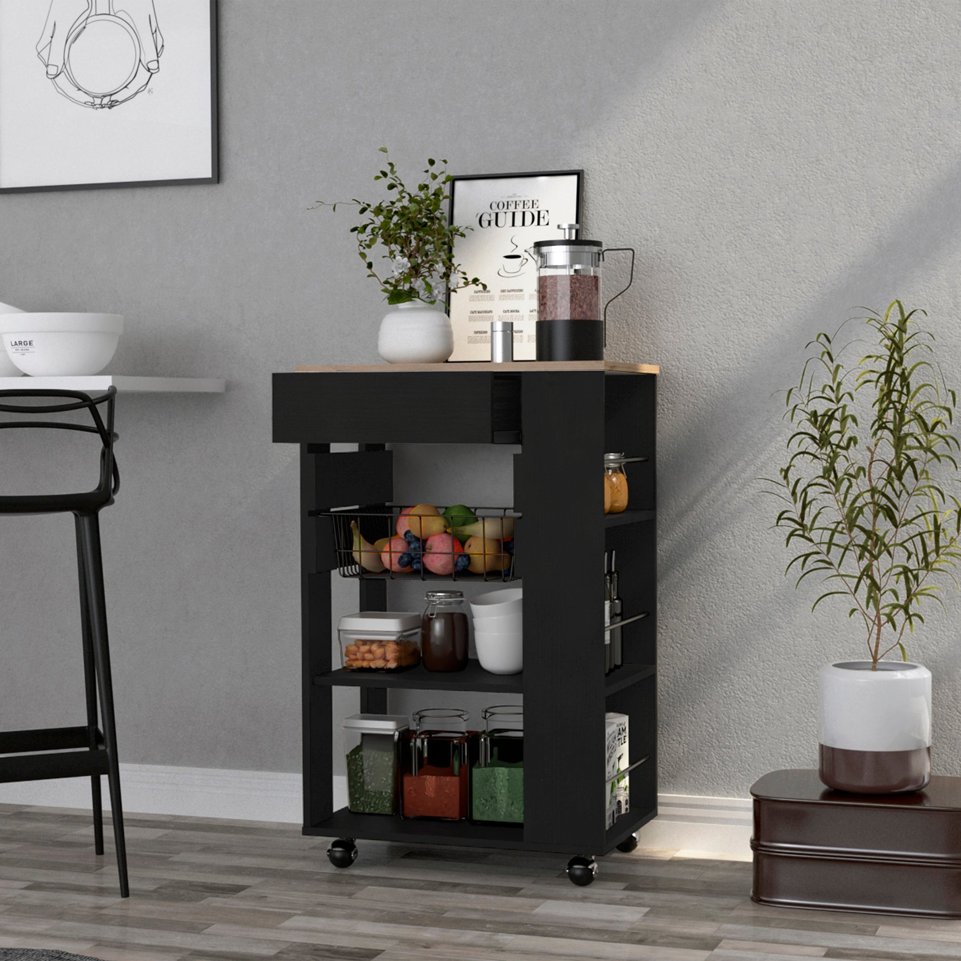 Black kitchen cart with wooden top featuring fruit basket and storage drawers for kitchen organization