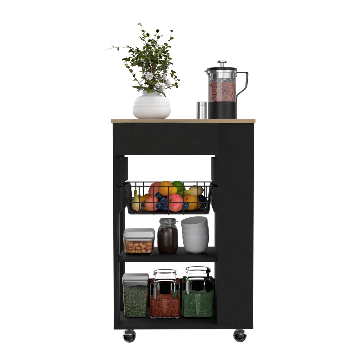 Black metal kitchen cart with oak top fruit basket and spice jars