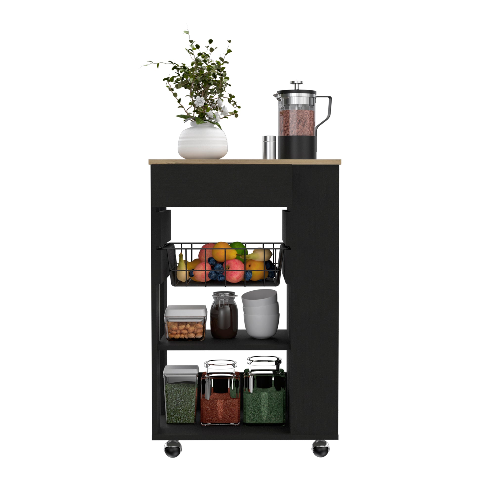 Black metal kitchen cart with oak top fruit basket and spice jars