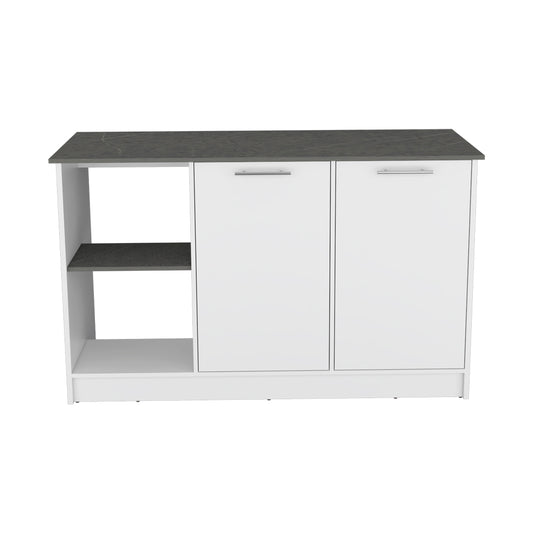 White twodoor kitchen cabinet with open shelving and grey marble effect top