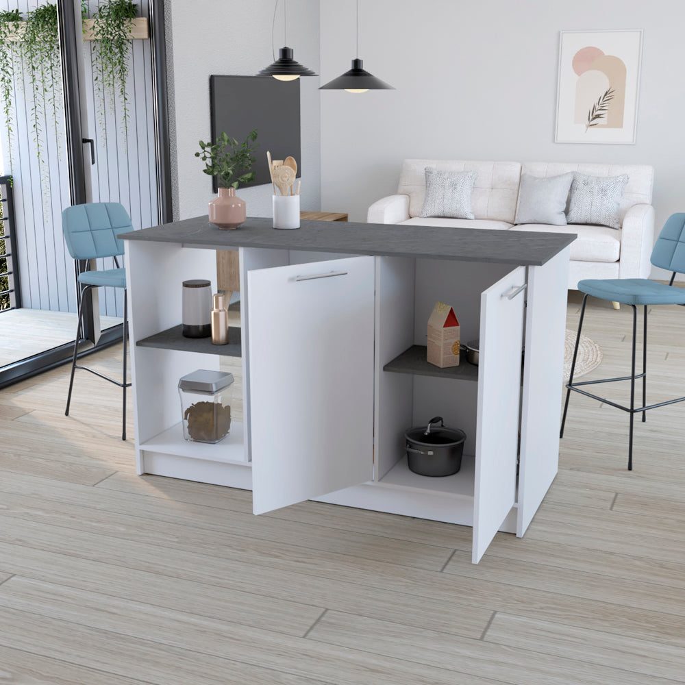 Modern white kitchen island with dark countertop and storage shelves