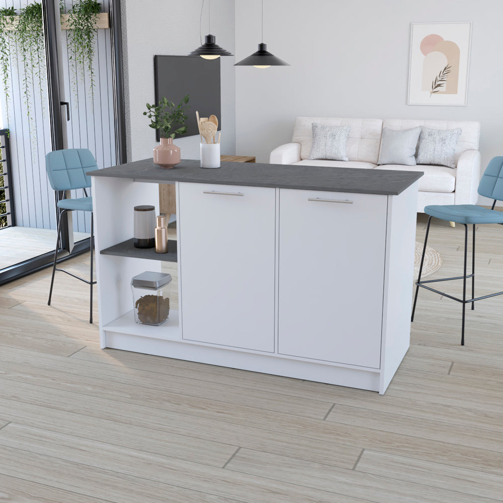 Modern white kitchen island with gray countertop and open shelving