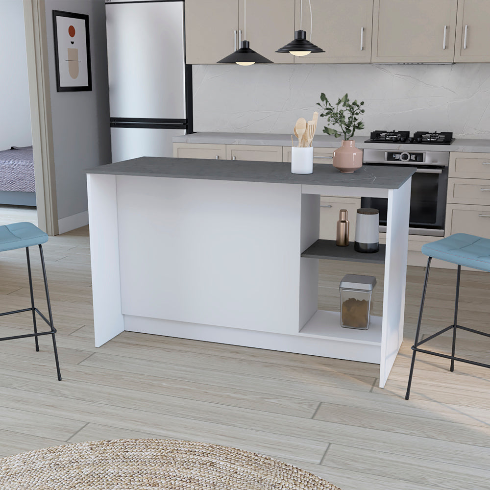 Modern white kitchen island with a dark grey countertop and open shelving ideal for small spaces