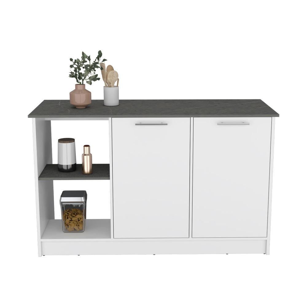 White kitchen island with grey stone countertop and open shelving