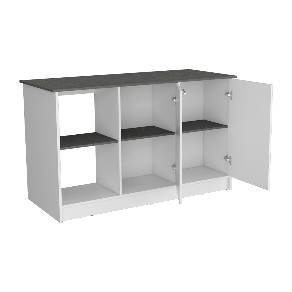White and gray buffet cabinet with dark marble top and shelves