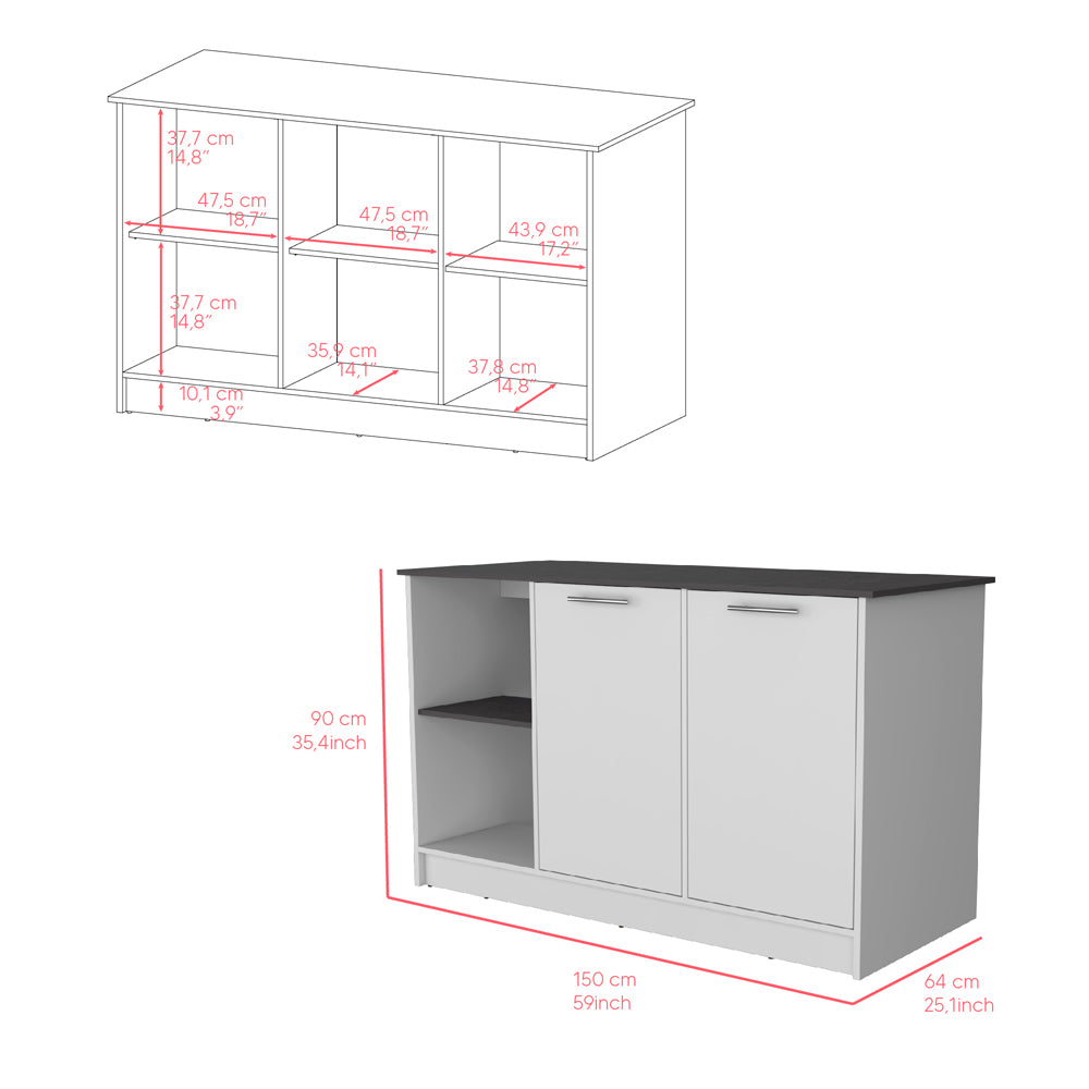 White modern storage sideboard with dark countertop and two cabinet doors