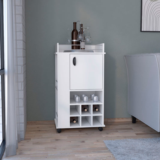 White rolling bar cart with wine rack and glass holders