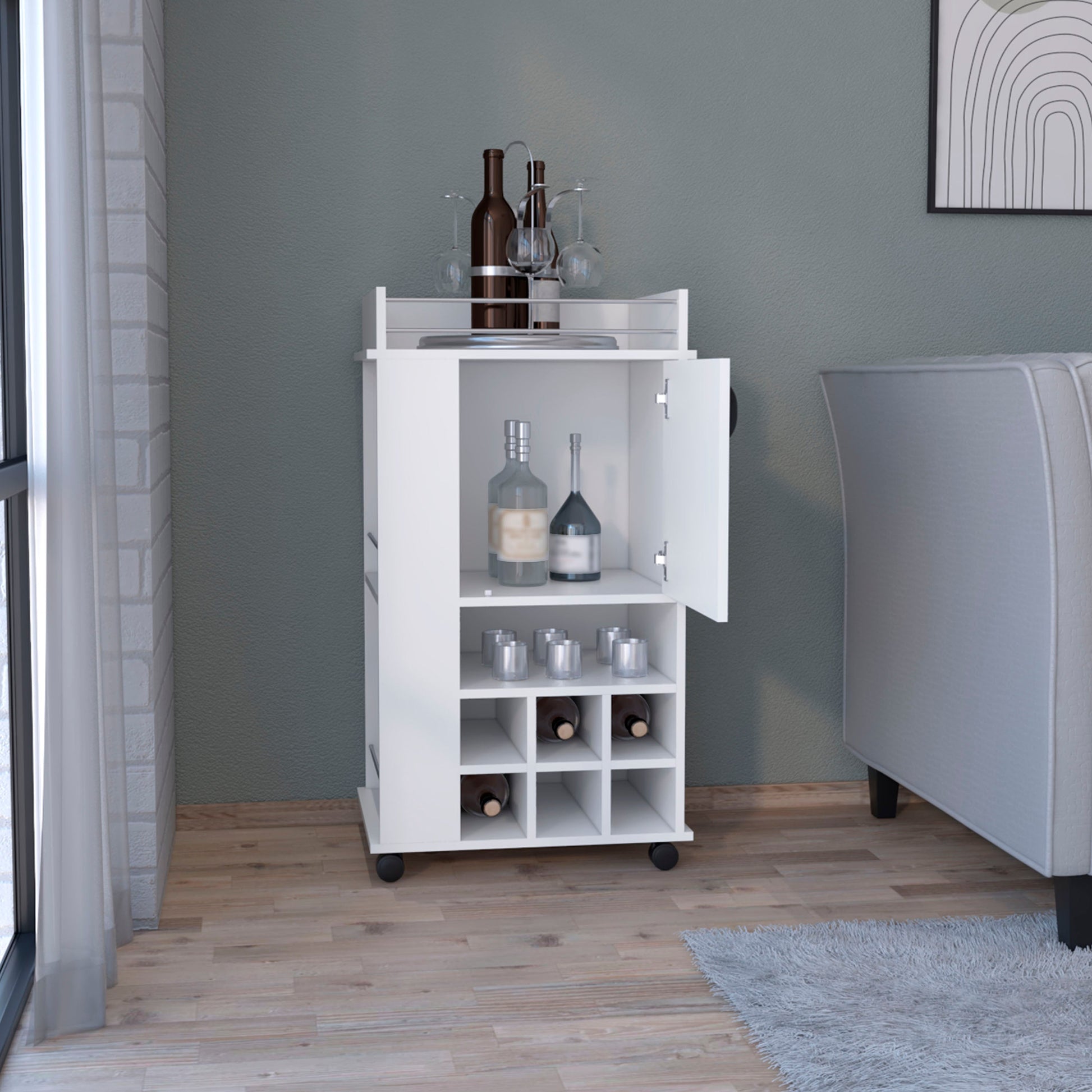 White rolling bar cart with wine rack and glassware