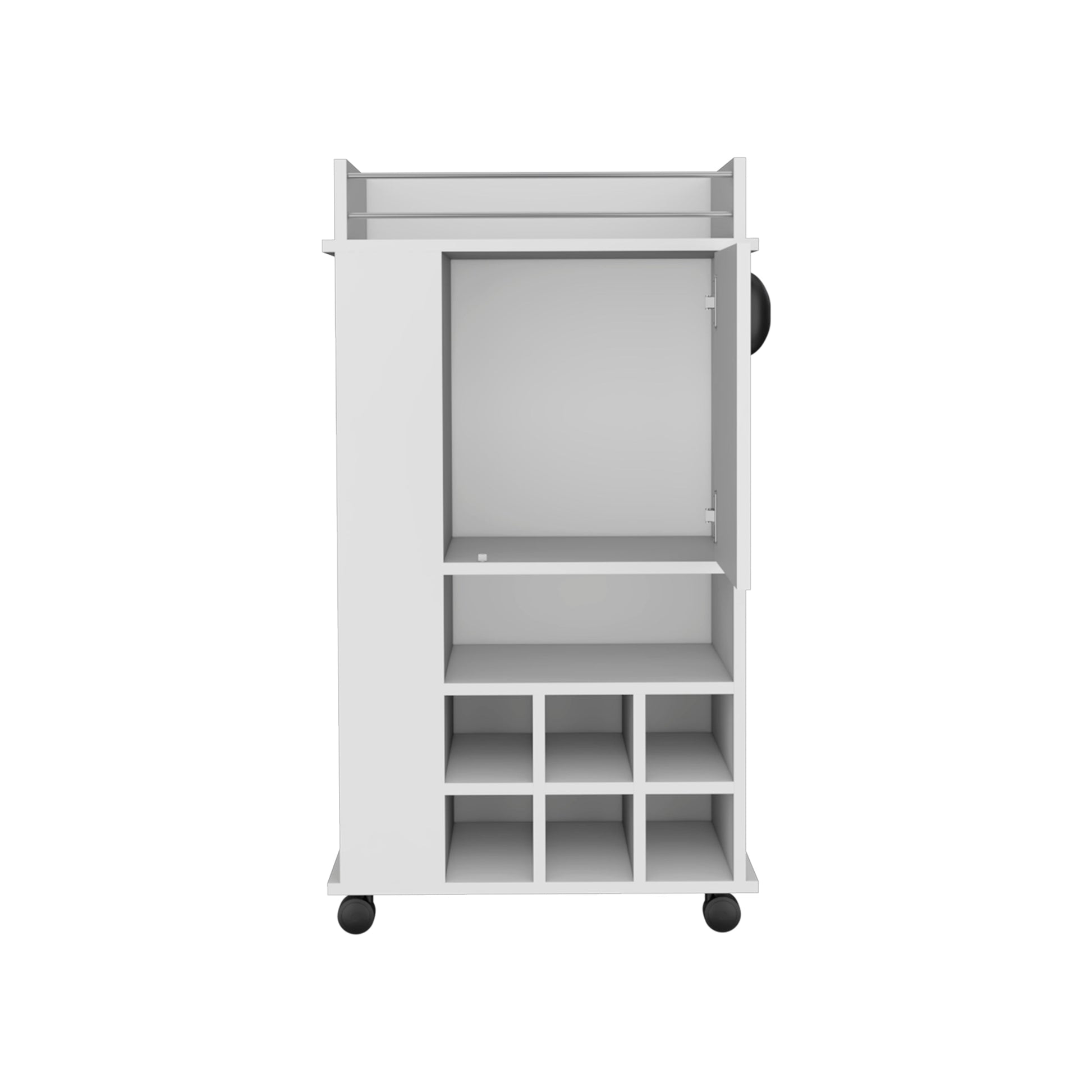White mobile bar cart with wine rack and open shelving