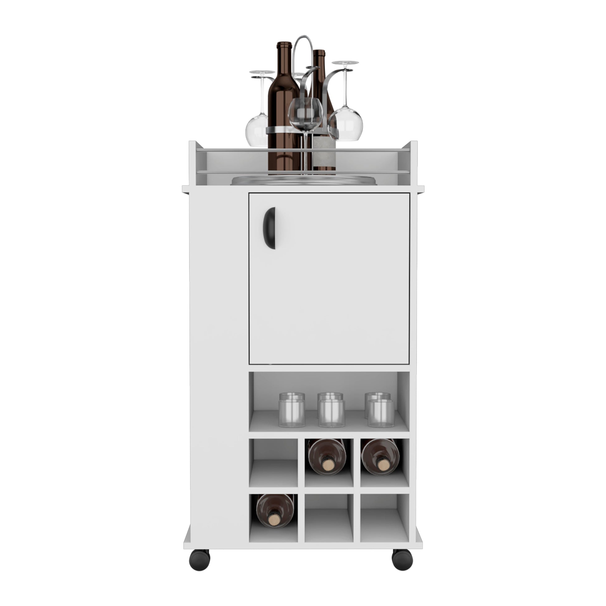 White mobile bar cart with wine rack and glass holders