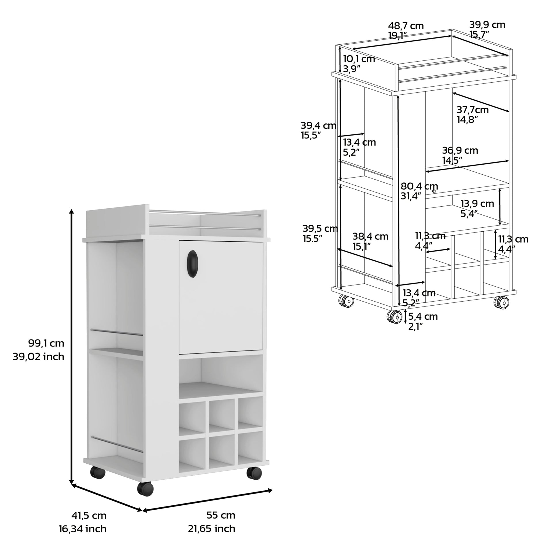 White kitchen trolley with wine rack and pullout bin