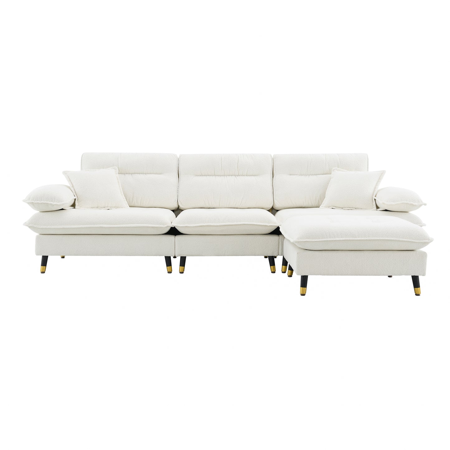 White boucl sectional sofa with goldtipped black legs and plush cushions perfect for modern living rooms