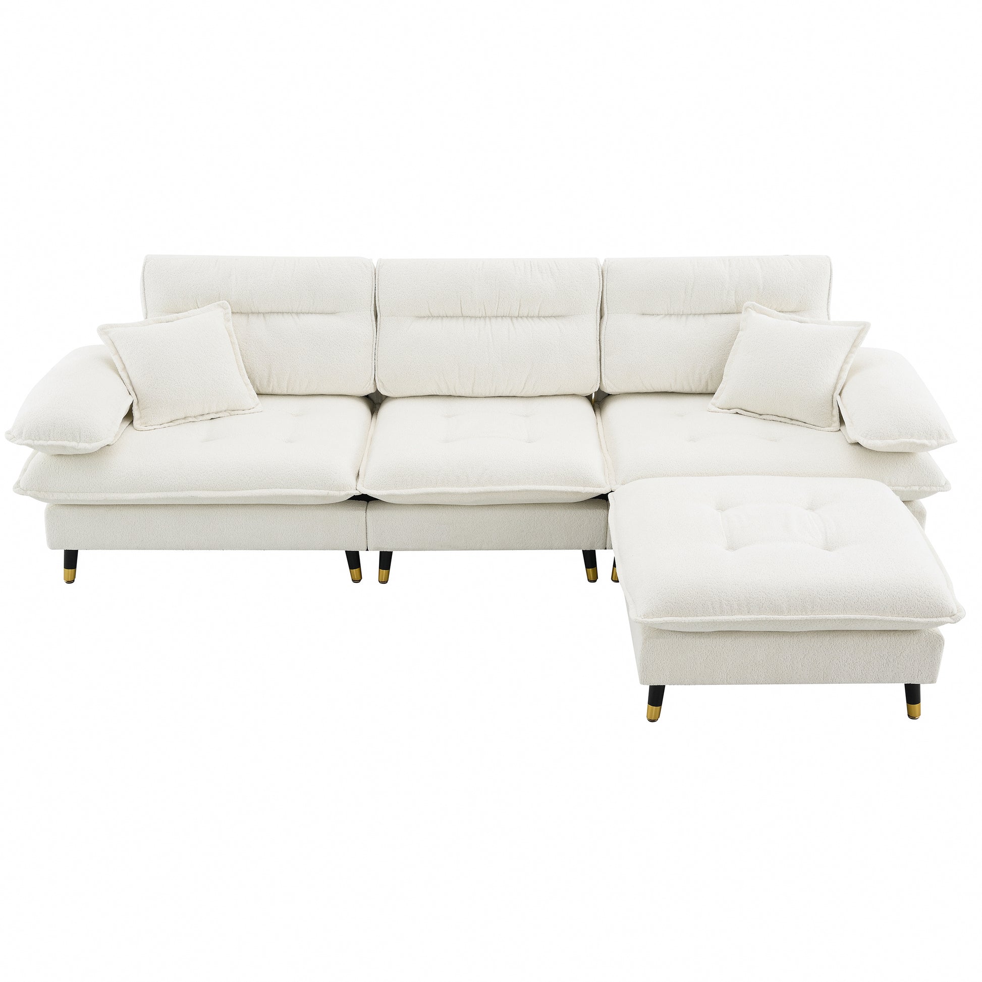 Cream boucle sectional sofa with plush cushions and goldtipped black legs modern living room furniture
