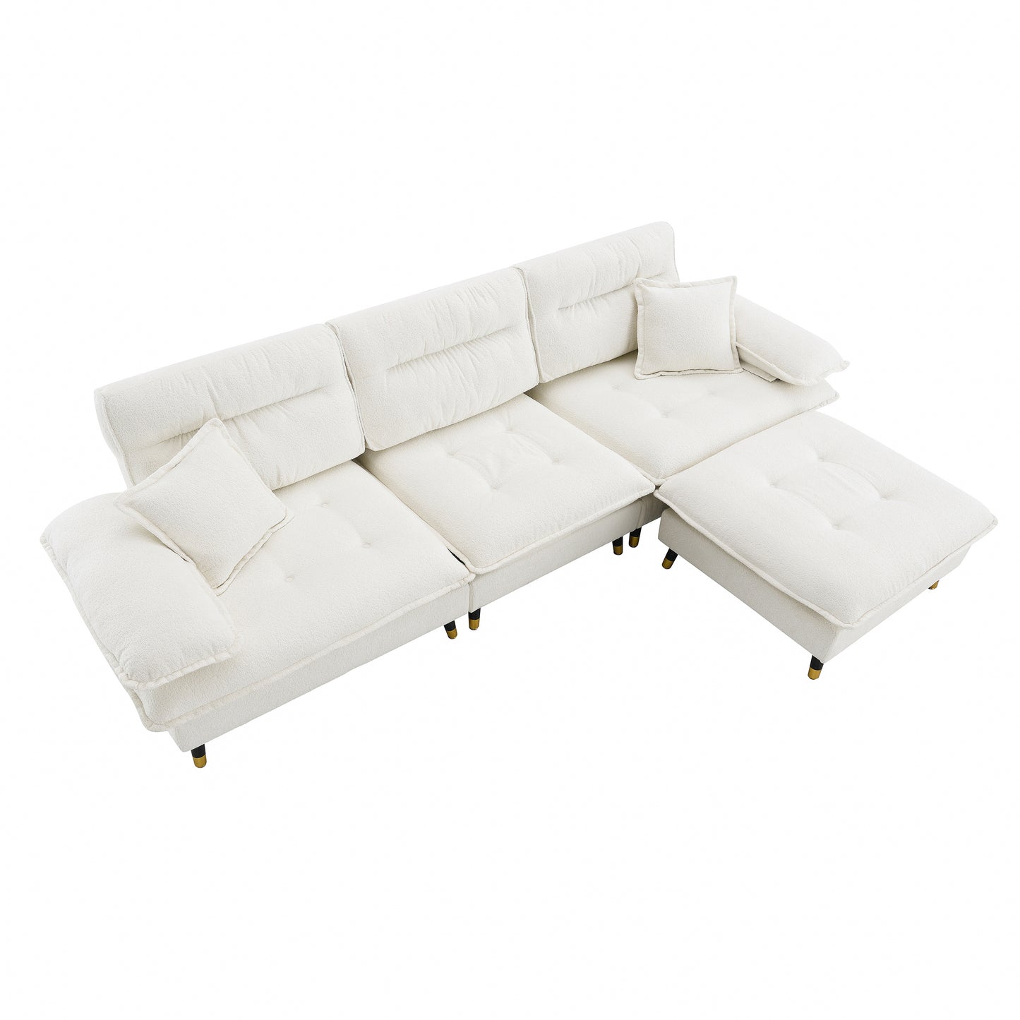 Plush white boucl fabric sectional sofa with tufted cushions and gold legs for a modern living room
