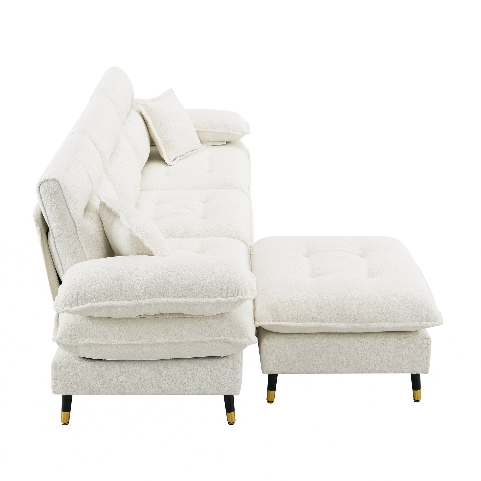 White boucle fabric sectional sofa with chaise tufted cushions and goldtipped black legs