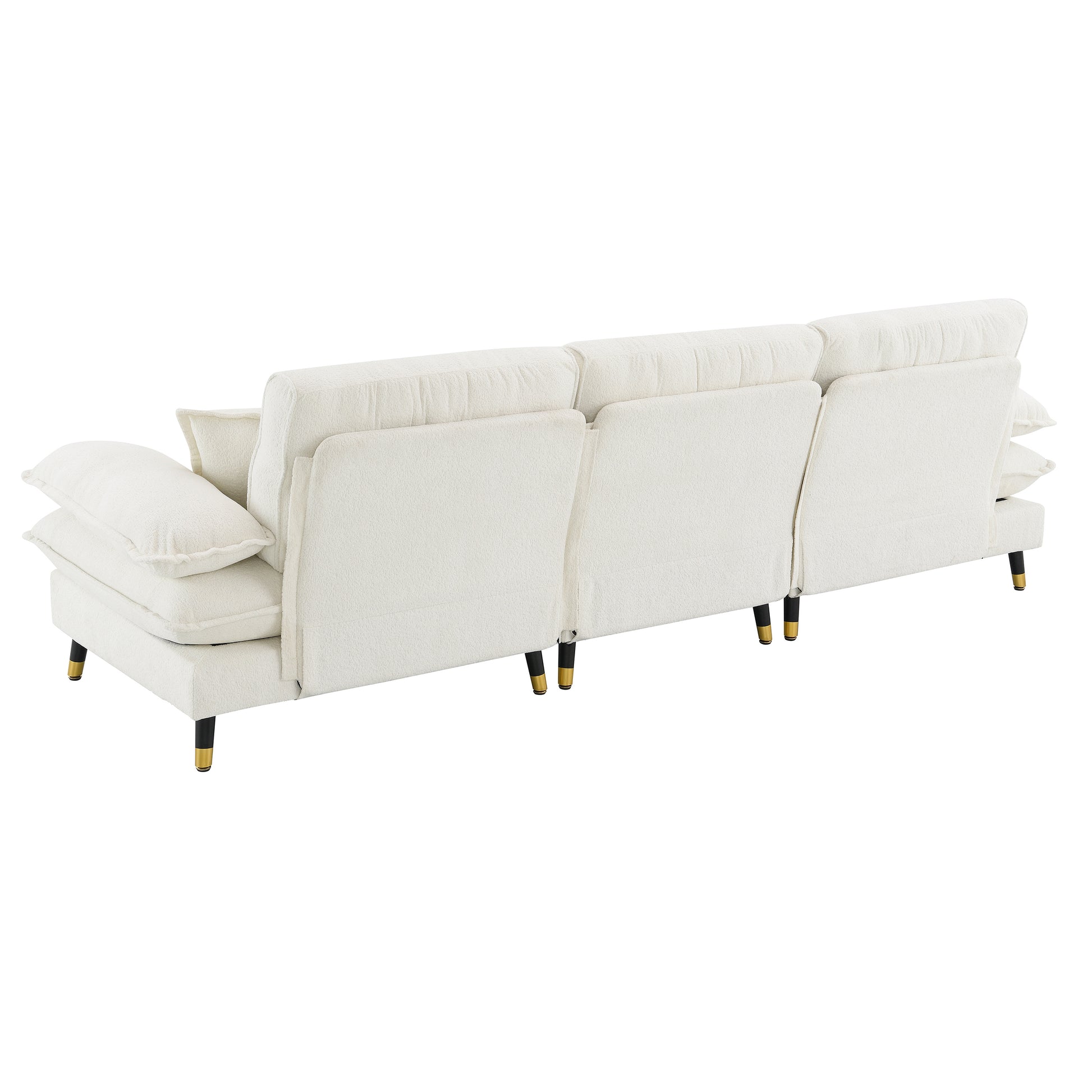 Cream textured fabric sectional sofa with plush cushions and goldtipped legs