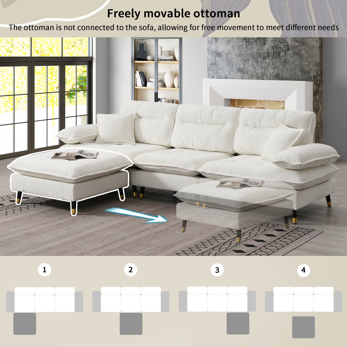 Cream textured fabric ottoman with modern gold and black legs