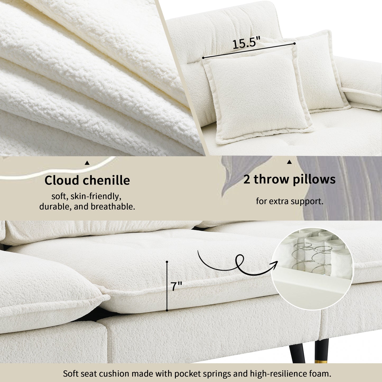 Cream chenille sofa with textured fabric and plush throw pillows ideal for living rooms