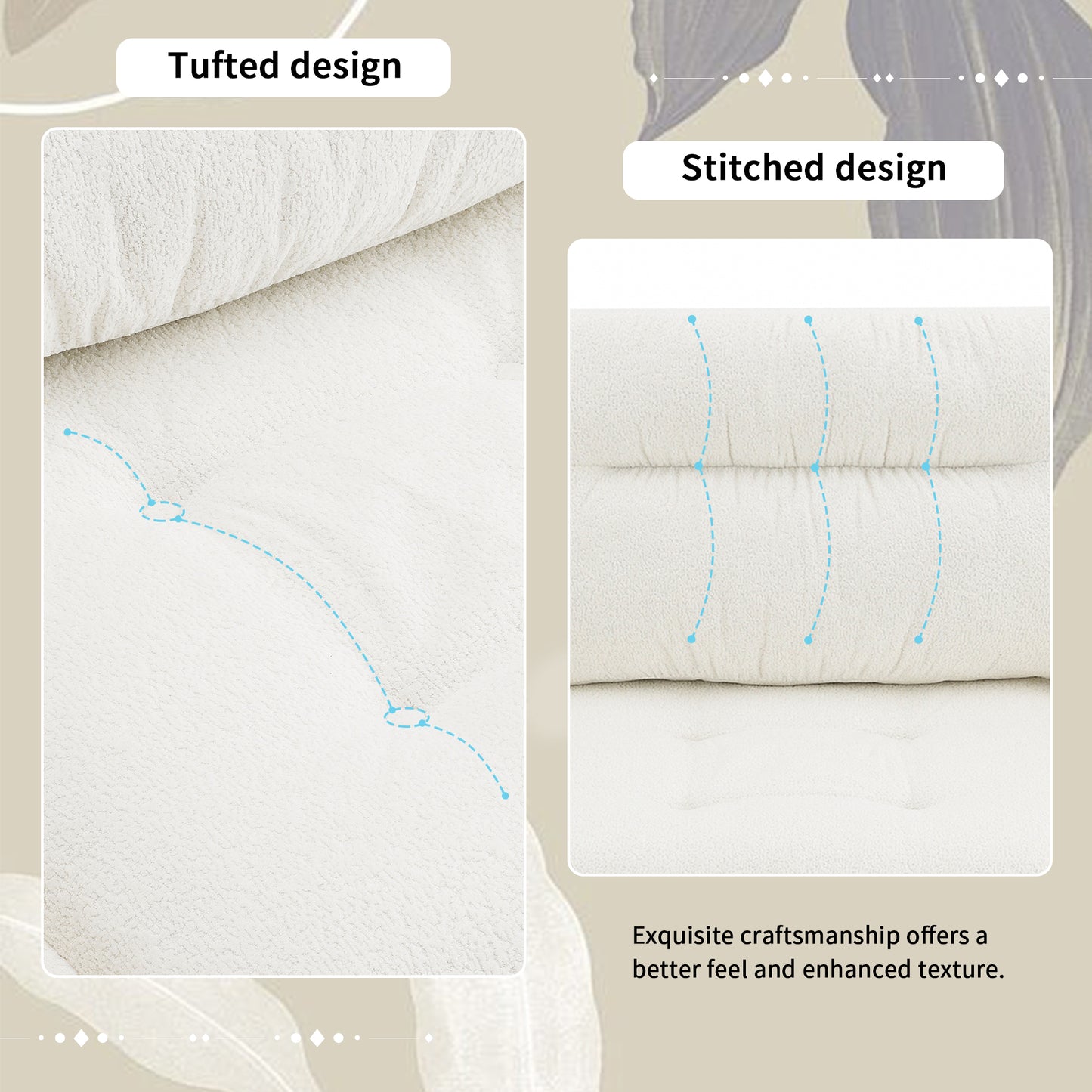 Closeup of a creamcolored sofa featuring a tufted design for plush comfort