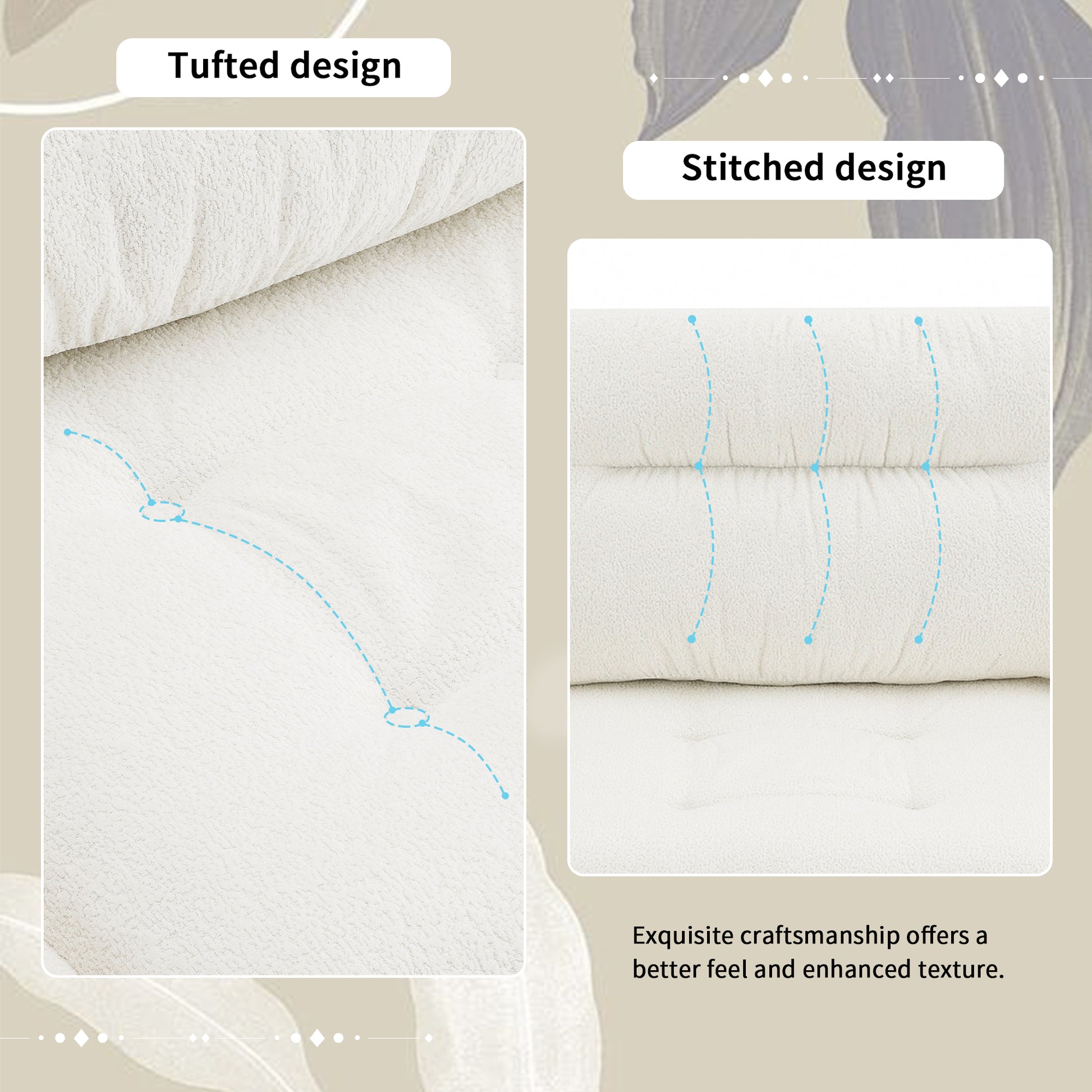 Closeup of a creamcolored sofa featuring a tufted design for plush comfort
