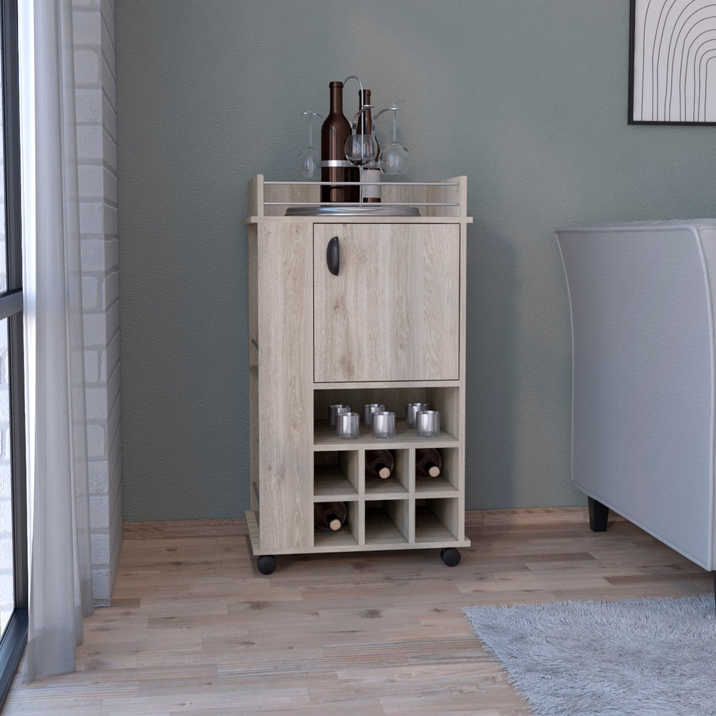 light oak bar cart with wine rack and glass storage