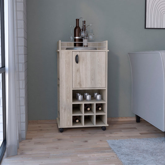 light oak bar cart with wine rack and glass storage