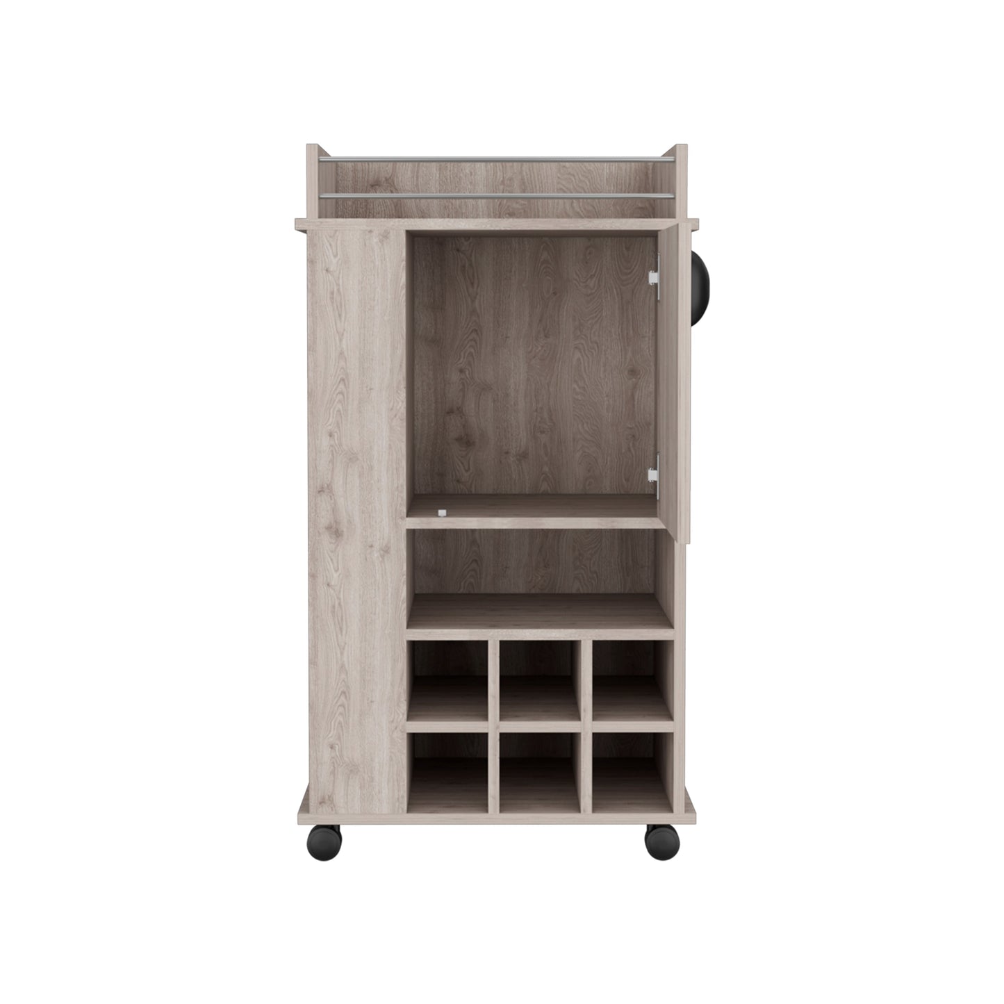 Rustic oak kitchen cart with open shelves and a cabinet