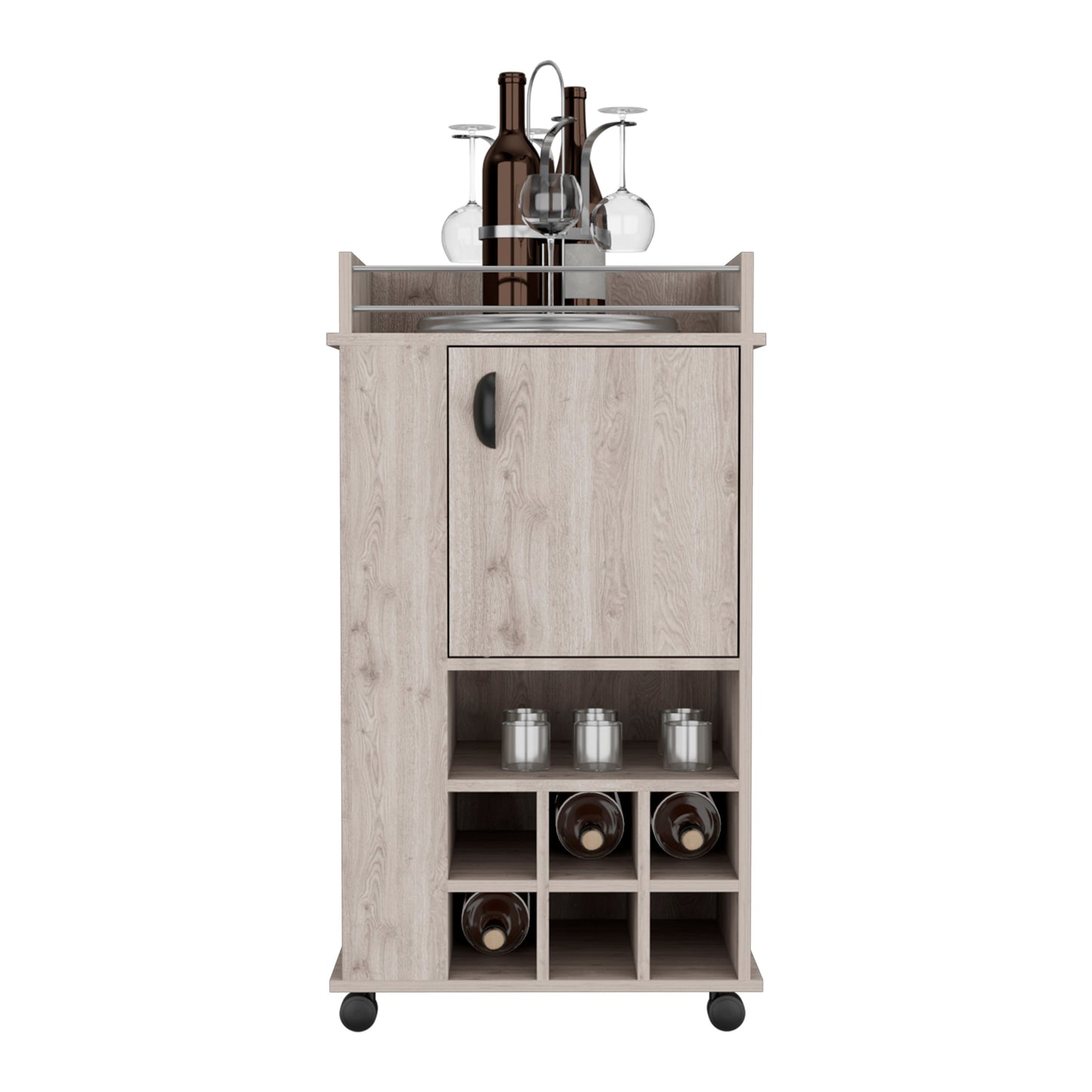 Light wood bar cart with wine rack and glass holders