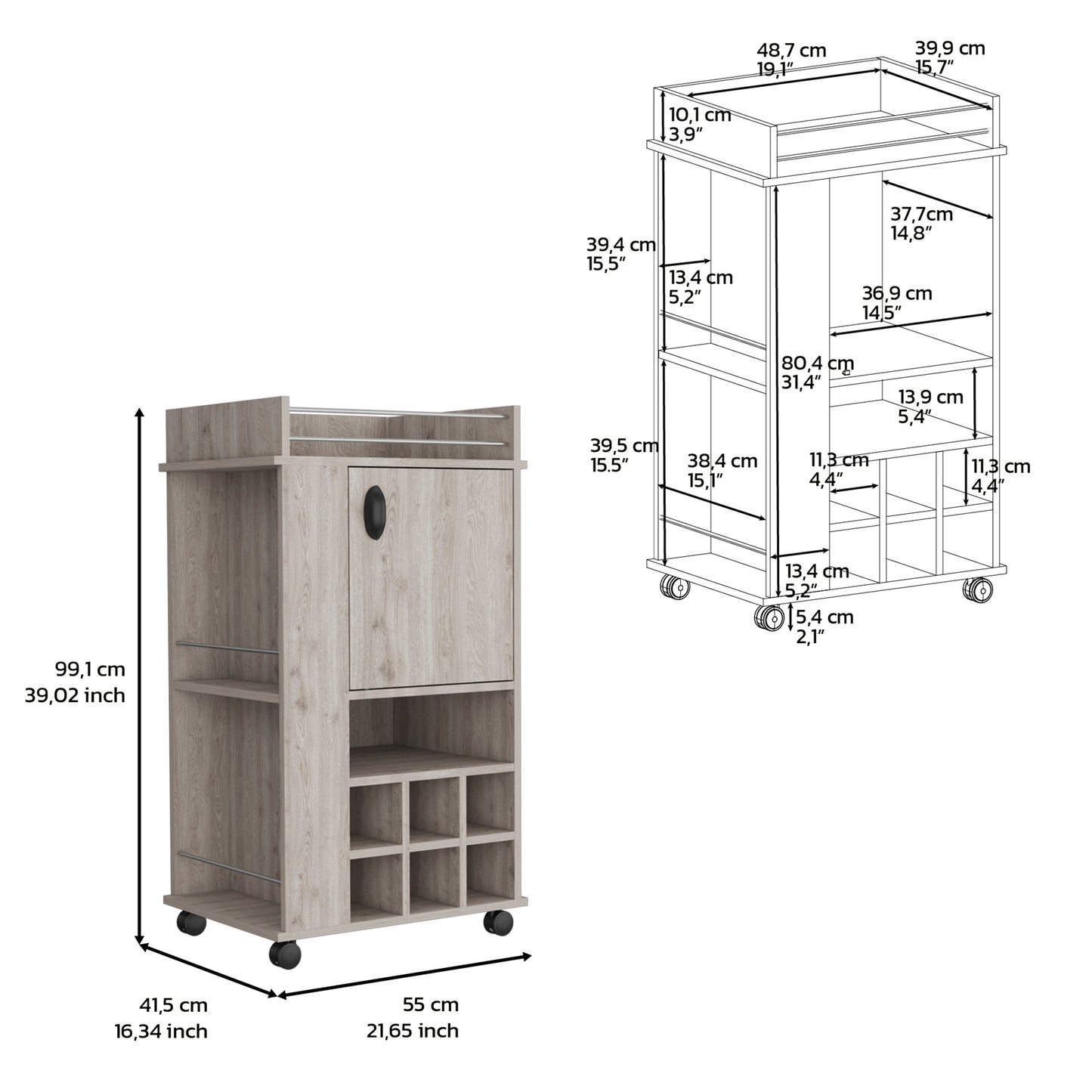 Rustic oak mobile bar cart with wine rack and cabinets